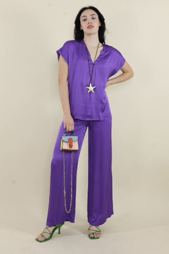 Immagine di Pantalone raso con tasche e elastico viola