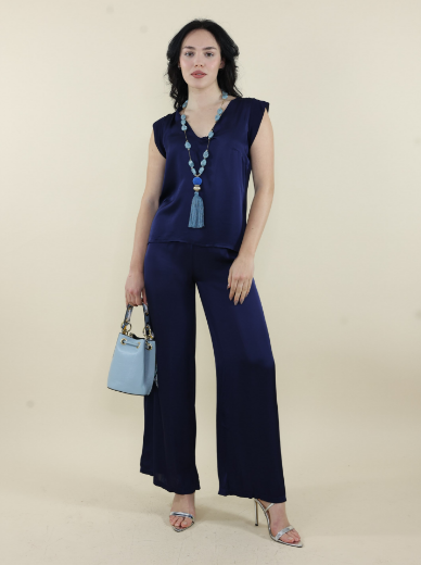 Immagine di Pantalone raso con tasche e elastico blu