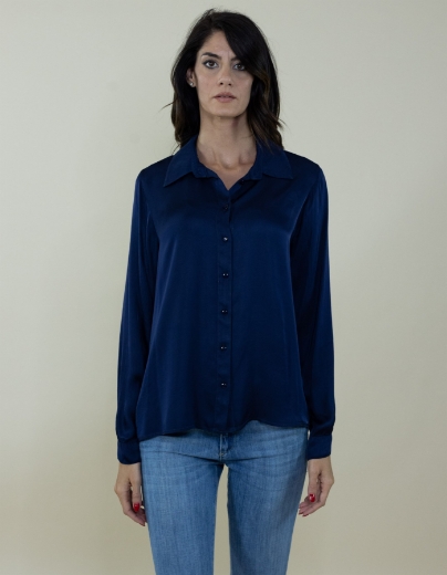 Camicia in raso con colletto con sprono colore blu