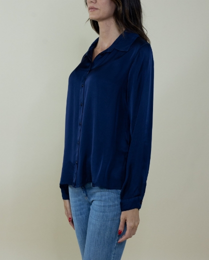 Camicia in raso con colletto con sprono colore blu