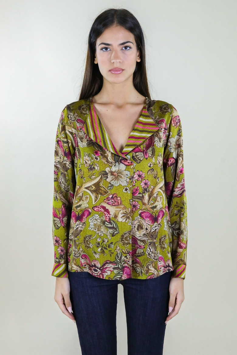 Immagine di BLUSA FANTASIA FIORI FARFALLE E RIGHE