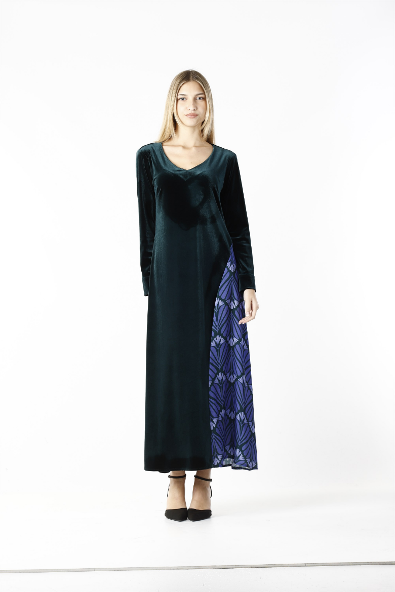 Immagine di Abito lungo velluto con inserto fantasia